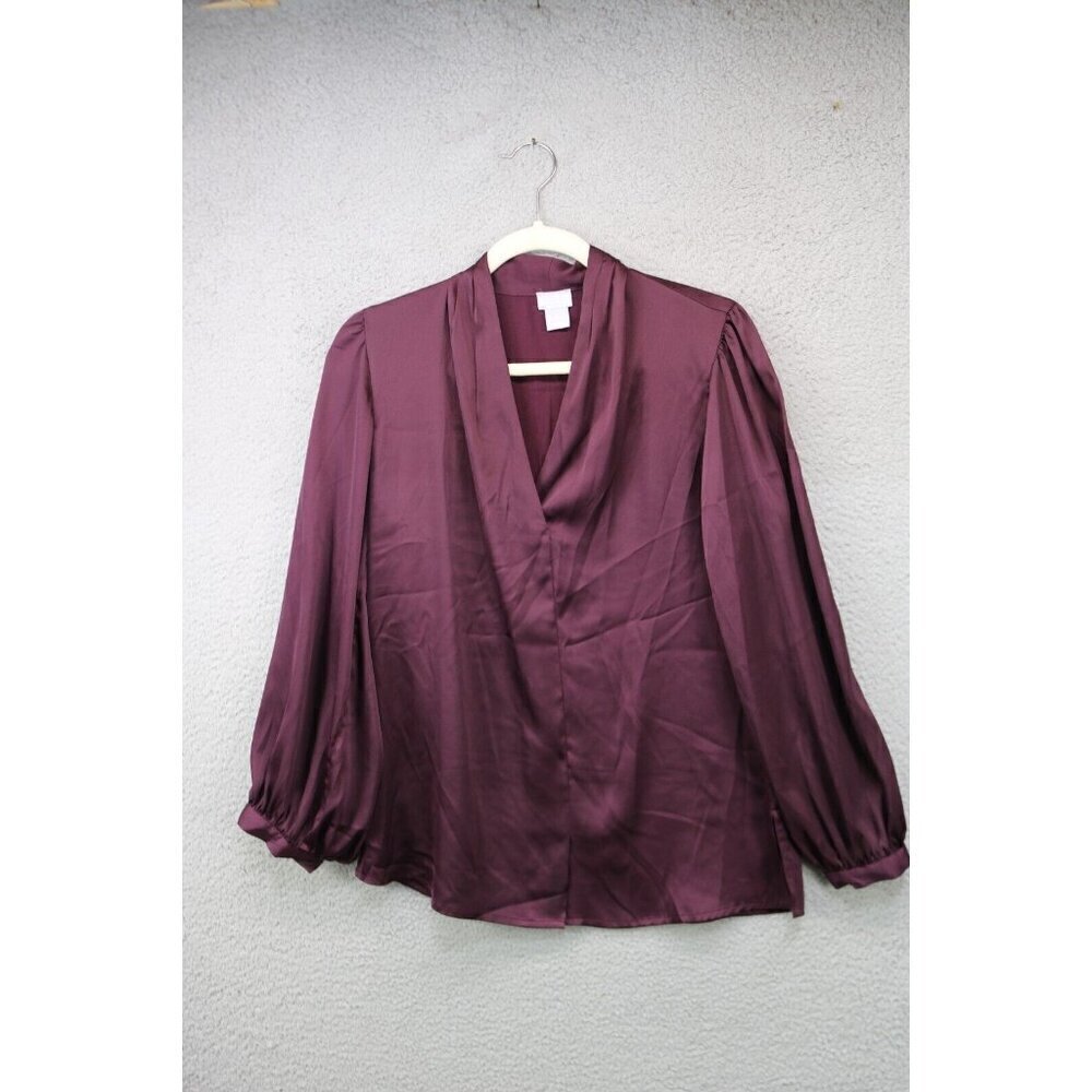 Chicos Long Balloon Sleeve Satin Draped V-Neck Purple Blouse-Size 0 or 4/6